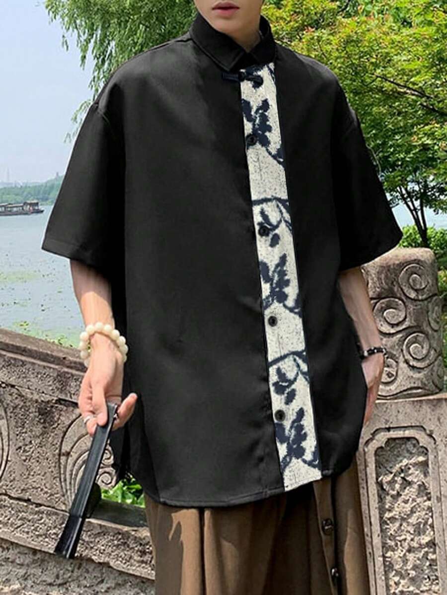 Traditionelles chinesisches Stil Herren Lässig Hemd, Kragen, Einfarbig mit Batik Färbeeffekt, Langarm, weich und bequem, geeignet für Frühling und Sommer