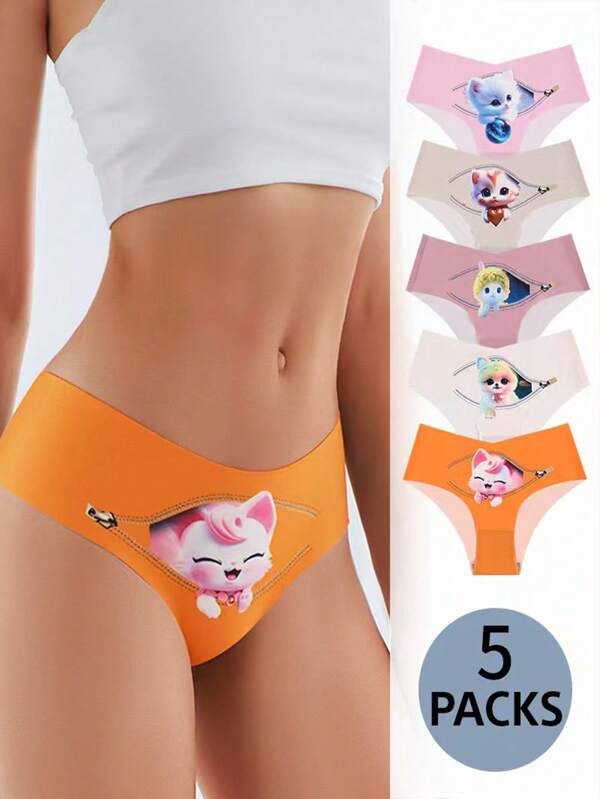 5pcs/Set Women Seamless Fitted Underwear With Cartoon Cat, Rabbit, Puppy, Lips And Playful Printed Patterns, One-Piece, Comfortable & Breathable Ladies Panties Suitable For All Seasons And Everyday Wear