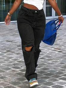 Plus Size Women Y2K Knee Ripped Skinny Straight Tapered Jeans, Mom Jeans Casual Black - Black - View 8