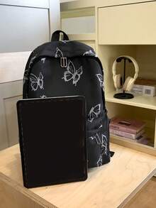 1 件蝴蝶印花大容量时尚女士背包，经典学生挎包多口袋休闲通勤