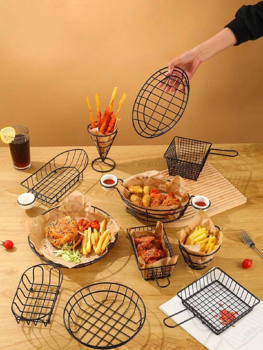 1pc Metal Bread Basket, Snack Basket, Fried Chicken Basket, Fried Food Plate, Popcorn Bowl, Mini French Fry Basket, Fried Chicken Snack Plate, Chicken Wings & Fried Food Snack Basket, For Holding Fast Food, Fruit, Burgers, Potatoes - Black - View 1
