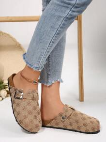 New Thick Sole Round Toe Printed Fabric Mule Shoes For Women, Outdoor Khaki Slip-On Sandals, All Season