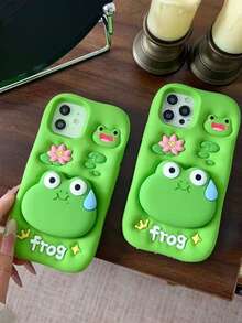 1pc Fashionable 3D Silicone Cartoon Cute Frog Expandable Stand Shock-Proof Phone Case Cover Compatible With Iphone 11/12/13/14/15/16/Pro Waterproof Anti-Fall Scratch Resistant - Green - View 5