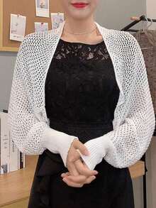 1pc Women's Spring/Summer Honeycomb Sleeve Cape Shawl With Knitted Collar & Hollow Out Detailing, Fashionable Outerwear Accessories Women For Dress - Multicolor - View 5