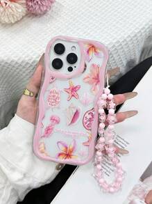 Cream Wavy Edge Gloss Oil Marine Element Starfish Turtle Shell Painted Anti-Drop Phone Case Protective Cover With Handmade Beaded Bracelet, Compatible With IPhone 16/11/16pro/16plus/16promax/16e/15Promax/13/14/12/XS/XR/7G/8P, Galaxy 11/12Pro/12/12X/13Pro/14Pro/15Pro/, Redmi 10/9/Note9/12c/Note11pro/Note8Pro