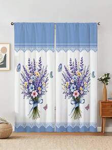 2pcs Romantic Butterfly Bouquet Short Curtain,Without Holes Curtain,Refer To Bedroom Office Kitchen Living Room Study Home Decor - Multicolor - View 6