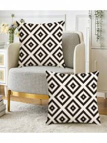 2 fundas de cojín bohemias para exteriores de 45,72 cm x 45,72 cm, fundas decorativas de tiro en blanco y negro para muebles de patio, jardín, porche - con cremallera, lavables a máquina, de poliéster, cojines para sofá