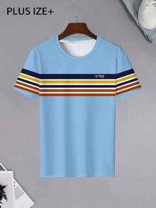 条纹男士户外健身运动上衣，3D印花速干面料，休闲通勤商务男装夏季款 - 藍色 - 查看 3