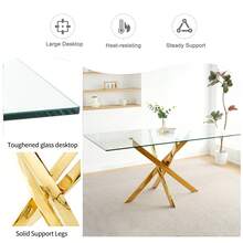 Sumdeal 63" Glass Dining Table Set For 4,Sumdeal 63" Glass Dining Table Set For6,Silver/Gold Base Dining Room Table With 4/6 Silver/Golden Leg C Shape Chairs,63" Modern Glass Dining Table With Gold/Silver Leg - 1張桌子和4張白色金腿椅子 - 查看 5