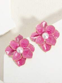 1 Pair Fashionable High-End Elegant Charming Metal Double Layer Floral Enamel Drop Earrings With Embedded Pearls In Soft Pink, Suitable For Spring/Summer Daily And Vacation Wear - Double-layer Oil-drop Flower Earrings Rose Red - View 3