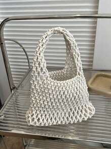 1pc Bohemian Style Woven Tote Bag, Striped Woven Handbag, Beach Bag, Casual Versatile Hollow Woven Handbag, Beach Bag