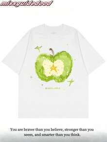 New American High Street Apple Print Cotton Short Sleeve T-Shirt Women's Summer Couple Casual Shoulder Top - White - View 1