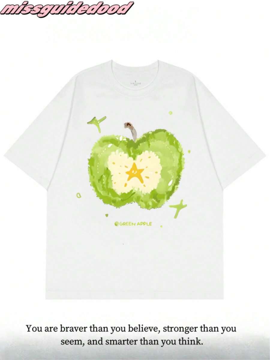 New American High Street Apple Print Cotton Short Sleeve T-Shirt Women's Summer Couple Casual Shoulder Top - White - View 1
