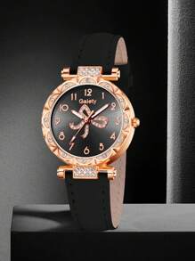 Conjunto de 5 piezas para mujer que incluye reloj de cuarzo con esfera de números arábigos y mariposa, pulsera, collar y aretes, en color negro, un accesorio sencillo y elegante, ideal para uso diario, decoración o regalo de fiesta