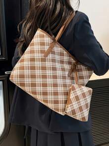 经典图案女士手提包，大容量单肩包，时尚工作包，配有小零钱包