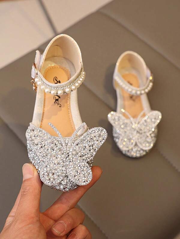 1 Pair New Fashion Versatile Pink Girl Pearl Rhinestone Bowknot Cute Flat Sandals, Round Toe Casual, Dance, Outdoor Wear, Spring And Autumn, Sequin Decor Closed Toe Princess Shoes