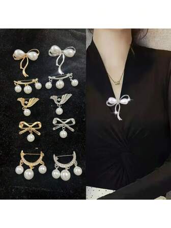 Set di 5 spille di moda, eleganti accessori decorativi in stile coreano di alta qualità, in lega con strass e perle finte a forma di spilla di sicurezza
