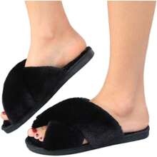 Local Delivery--LZLER Women's Cross Band Slippers, Soft Plush Fleece Lightweight Non Slip Open Toe Flip Flop Shoes House Indoor Outdoor Fur Fuzzy Slippers - 黑色 - 查看 2