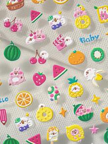 夏季新款清凉西瓜兔美甲贴，浮雕星星、草莓、樱桃等可爱俏皮的女孩图案，适合个人DIY美甲店和手机杯装饰贴 - 彩色 - 查看 6