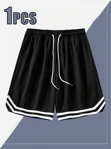 1pc Men's Summer Sports Basketball Shorts, Drawstring Elastic Mesh Quick-Dry Loose Fit Knee-Length Shorts - Black - View 3