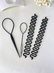 4pcs Black Hair Puller Topsy Braid Hair Styling Tools Girl Ponytail Creator Bridal Curly Hair Maker Plastic Loop Accessories