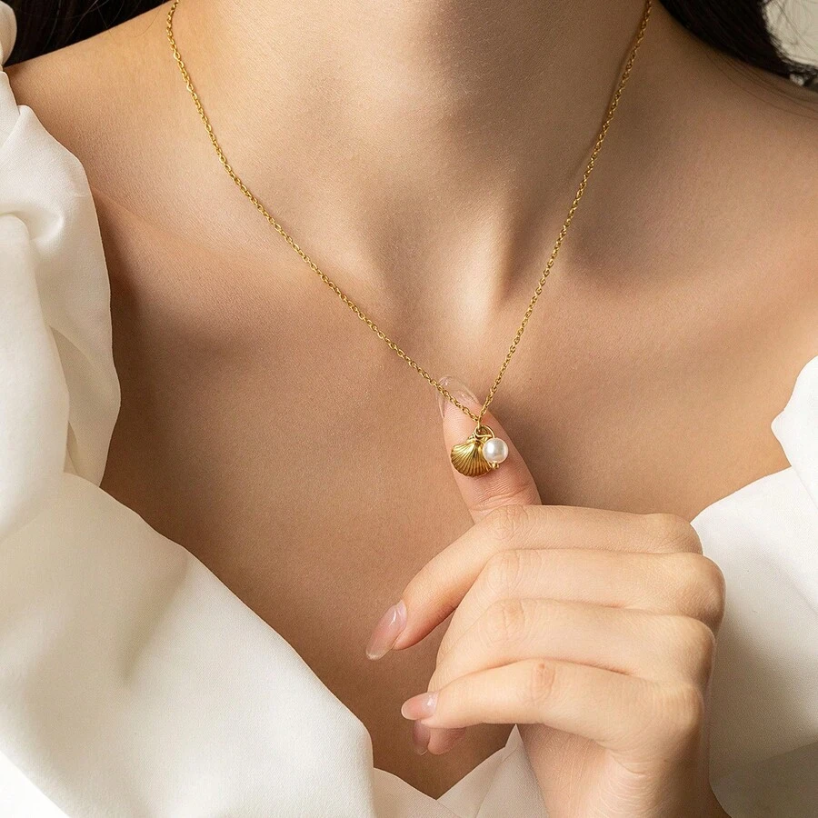 1 件时尚简约女士沙滩项链，带贝壳和珍珠，适合女士和女孩上班、日常穿着、旅行、约会、派对、夏季、珠宝、沙滩配饰，可作为礼物 - 金色 - 查看 1