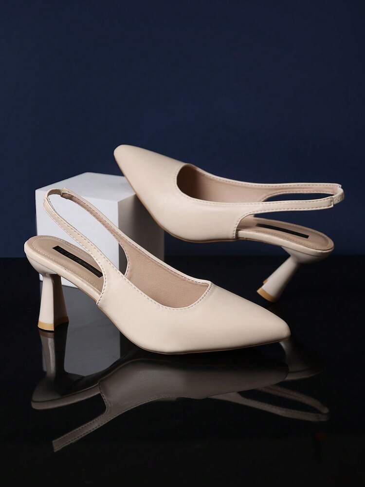 1 par de sandalias de tacón alto de punta afilada en color beige para adolescentes, de material de piel sintética (PU) de unicolor con parches, con correa elástica en el tobillo, tacón de aguja, sandalias de moda de lujo adecuadas para uso diario, viajes, fiestas, trabajo, nuevas llegadas de verano - Beis - Añade 6