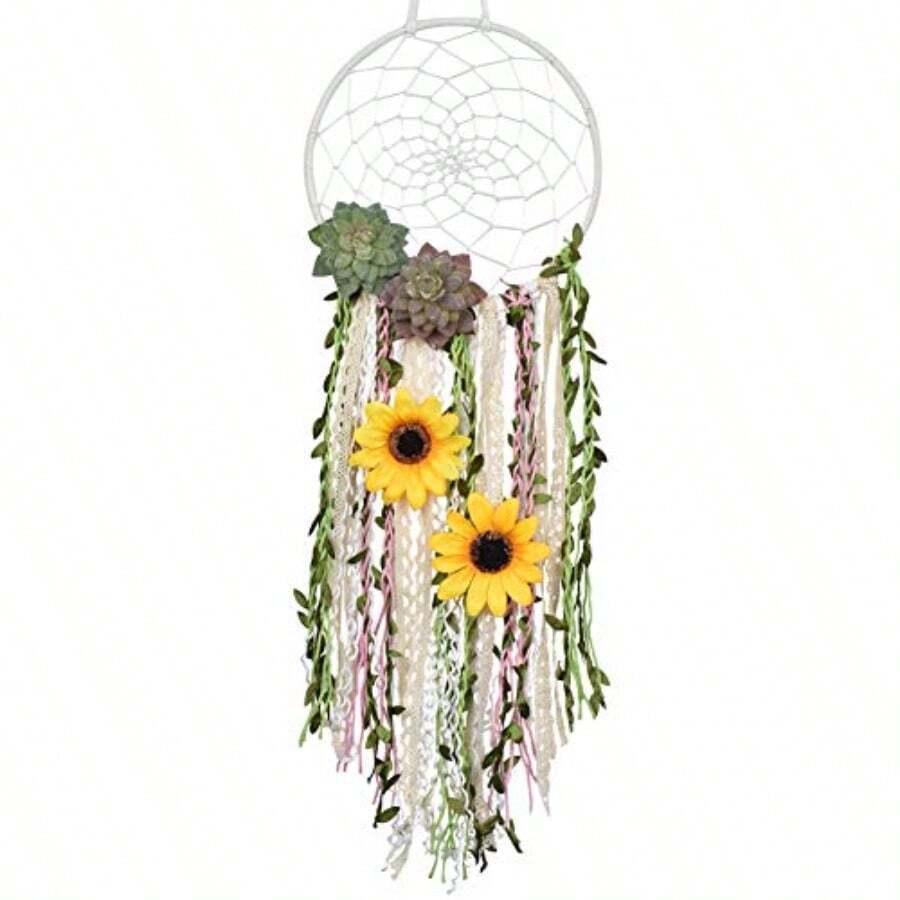 DrCor Sunflower Dream Catcher Bedroom Nursery Boho Floral Handmade Greenery Wall Hanging Decor For Party Office Teens Girls Room Decor