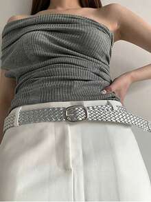 1pc Shiny Bohemian Sexy Cute PU Leather Braided Elastic Waist Belt, Versatile For Women, All Season Fall, Autumn, Halloween - Silver - View 3