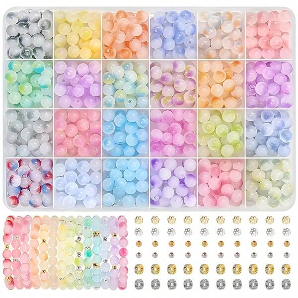 360 Stücke 8mm bunte Glasperlen für das Schmuckdesign, Perlen-Set mit Organizer für Armbänder, Halsketten, Ohrringe, Handwerken, DIY, Abstandsperlen (zufällig zusammenpassende Farben)