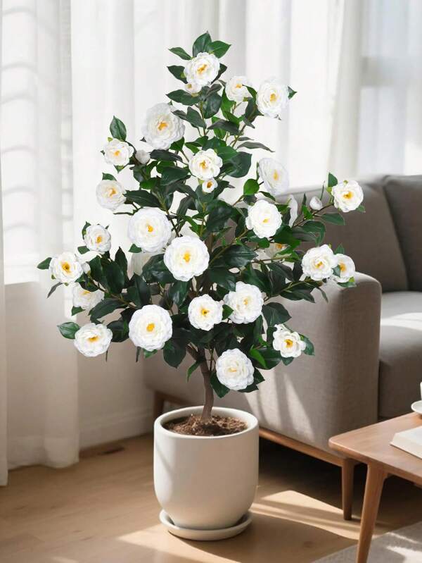 1PC Artificial Camellia Tree Green Potted Plant White Camellia Artificial Flower Suitable For Indoor And Outdoor Home Living Room Porch Office Garden Decoration Simulated Tree