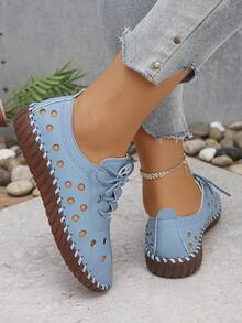 Zapatos planos casuales para mujer, unicolor retro, huecos, ligeros, suaves, transpirables y perforados - Azul - Ver 5