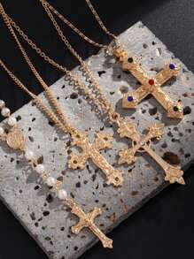 Set de 4 collares con colgante de cruz incrustado de circonia y cobre, adecuado para uso diario, fiestas y reuniones