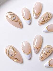 10pcs Handmade Autumn Nail Stickers, Short Nails, Almond Shape Nails, French Manicure, Gold Nails, White Nails, Pink Nails, Cute Nails, Handcrafted Gel, Decorated With Gold Butterfly Texture And Tripartite Texture, Asymmetric 3D Gold Edge French Manicure Nail Stickers, Gold Bow Decor On Nail Surface, Includes Nail Tools, Reusable Short Nail Stickers. - Gold - View 4