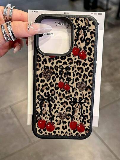 1pc Cute Vintage Leopard Cherry Heart Pattern Textured Soft Anti-Drop Anti-Skid Protective Phone Case, Compatible With Apple And Smartphones