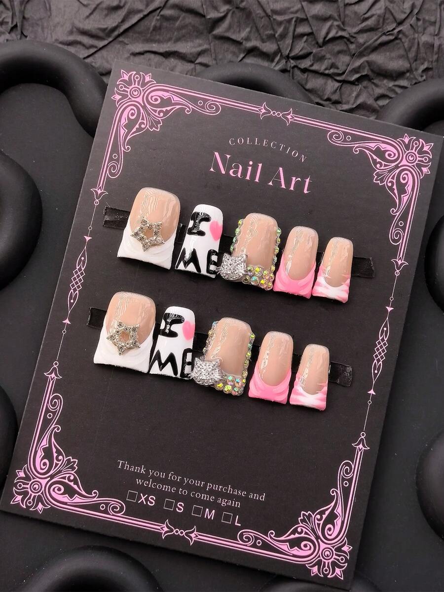 Y2K 10片装手工按压式美甲贴片，爱自己先于爱他人。这款鸭嘴美甲贴片，充分展现您的独特个性，适合任何场合、任何时间、任何人佩戴。美甲用品 手工按压式美甲贴片 - 紅白色 - 查看 1