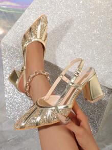 Gold Sequin Pointed Toe Backless Chunky Heel Pumps For Women