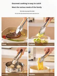 1pc Stainless Steel & Wooden Food Tongs, BBQ Tongs, Kitchen Tongs, Korean BBQ Tongs, Wooden Handle Steak Tongs, Extra Long Cooking Food Tongs, For Home, Outdoor, Picnic, Hotel, Kitchen Utensils, Gourmet, Household