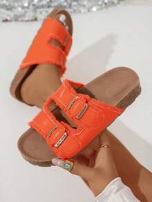 Dép đế dày thời trang thoáng khí cho nữ, trang phục ngoài trời mùa hè mới đa năng đi biển thường ngày có viền lông chống trượt khóa kim loại - trái cam - Xem 3