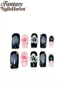 Handgefertigte 2,5 Quadrat-Nagelkunst, handgemachter Nagellacktest-Farbverlauf mit handgezeichnetem Strass-Spiegeleffekt-Pulver, kleine Blumenhandwerkskunst, handgefertigte 3D-Nagelkunstplastik, Kirsche Schleife Handwerk, modisch und vielseitig, geeignet für verschiedene Anlässe, das ganze Jahr über tragbar, kann als Geschenk für Freunde, Freundinnen, Verwandte verwendet werden und für Neujahr, Valentinstag und Geburtstag wiederverwendet werden.