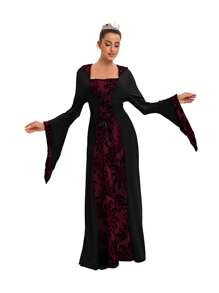 Bestseller mode femme européenne et américaine pour dîner, robe ample à capuche médiévale, cravate imprimée rétro artistique à manches longues, taille cintrée pour Halloween