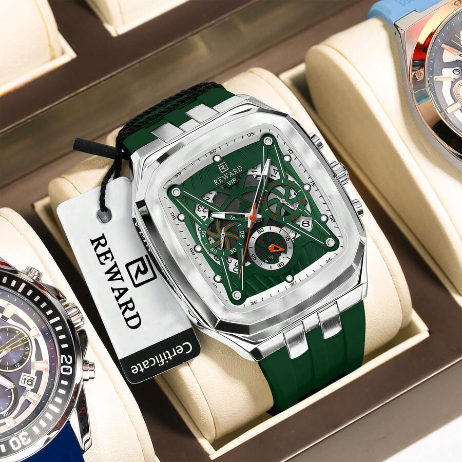 REWARD 男士石英表商务时尚计时日历夜光指针多功能男士腕表高品质礼物经典设计硅胶表带 - 綠色 - 查看 1