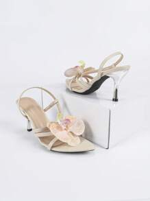 Sandalias de verano para mujer con patrón de flor de lirio 3D, correa cruzada de rayas clásica, tacón grueso elegante de dedo abierto, tela de unicolor de alta calidad, elegantes para discoteca, fiesta, viaje al aire libre, cómodas y elegantes zapatos de tacón alto en color albaricoque