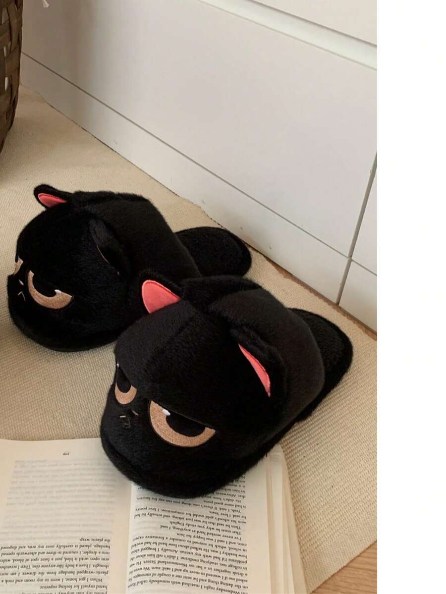 XIXITIAO 1 đôi dép bông ấm áp hình mèo đen mắt to dễ thương, dép đi trong nhà thoải mái cho nữ, thích hợp cho mùa thu/đông. - màu đen - Xem 1