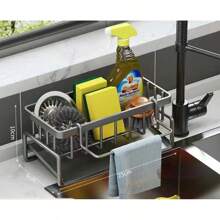 1 Stück 23*9*10cm Anti-Rost Edelstahl Schwamm Aufbewahrungsbox, Multifunktion, wasserdicht, Metall Küchenorganizer Regal mit abnehmbarem Geschirrtuchhalter, Bürstenhalter, Seifenspender, geeignet für Haushaltsspüle und Abtropfkorb, Schrank, Outdoor Lagerung Rack, stilvoller Küchenorganizer