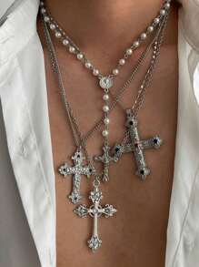 Set de 4 collares con colgante de cruz incrustado de circonia y cobre, adecuado para uso diario, fiestas y reuniones