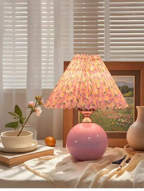 1 Stück Tischlampe aus Keramik mit Blumenmuster und Rüschen, Minileuchte geeignet für Nachttisch, Wohnzimmertisch, warmes Licht Wohndekoration