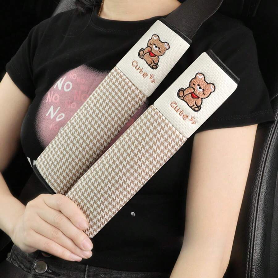 2pcs 25cm Car Seat Belt Shoulder Pad Cover - Embroidered Cute Teddy Bears, Soft Universal Car Accessories