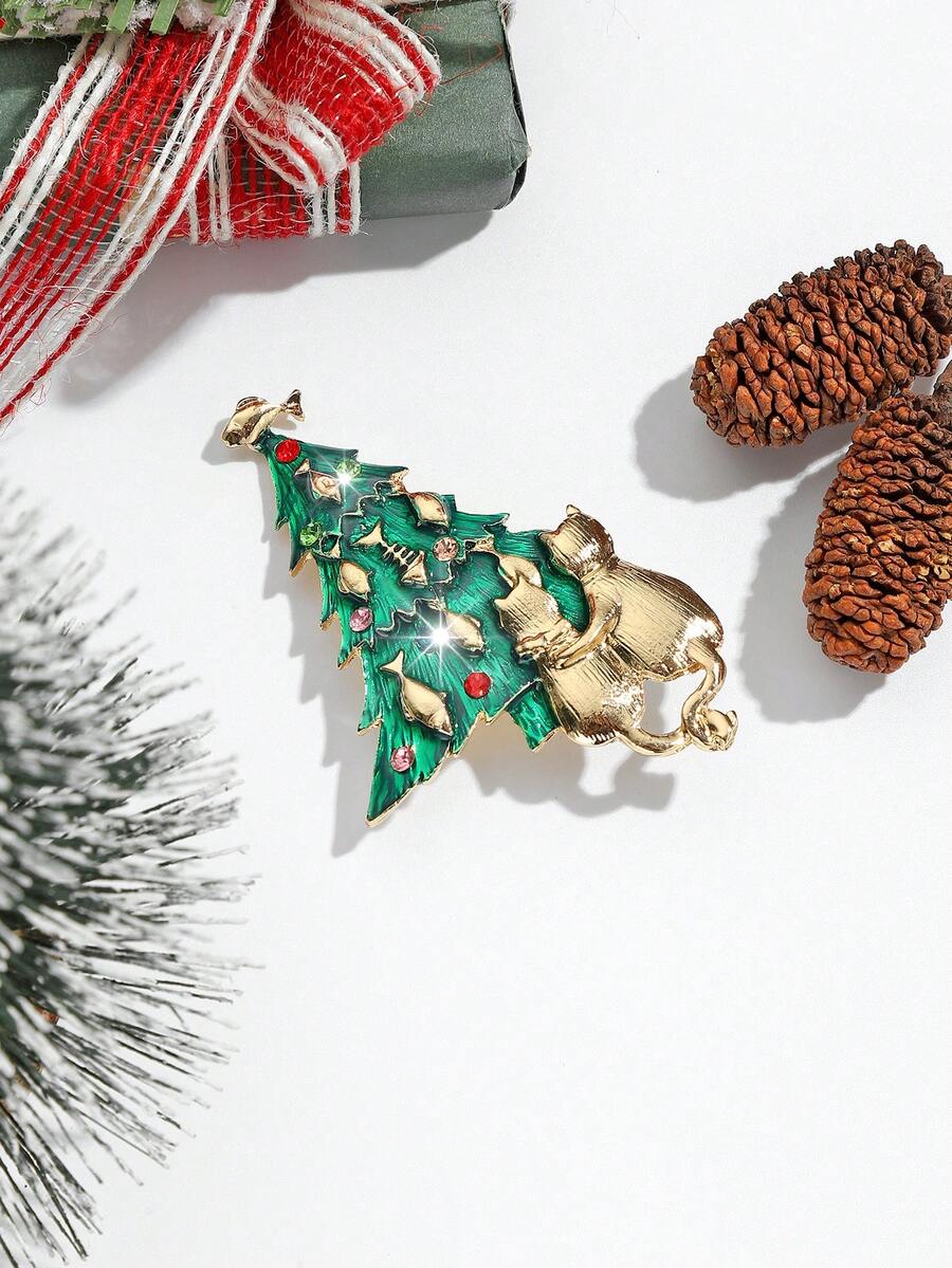 1 件时尚迷人的圣诞树胸针，饰有水钻，适合女性在节日佩戴或作为礼物