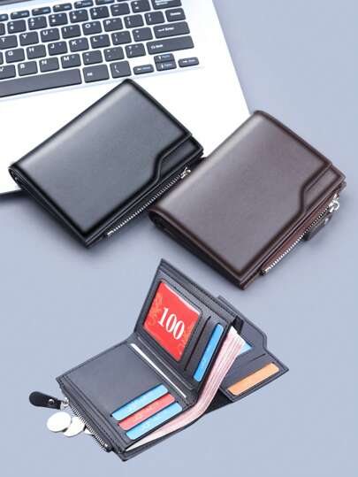1-2 件豪华商务 PU 皮革短钱包 - 新款大容量多卡槽 + 零钱包，男士便携式身份证夹 + 透明照片槽，超薄三折设计，信用卡/身份证分层存储，“父亲节礼物之选”，时尚哑光软钱包，男士/女士生日或伴侣正式/商务正式情人节创意的理想礼物